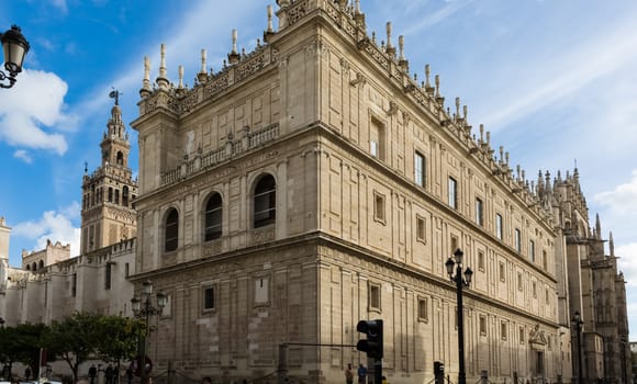 Seville, Spain - July 15, 2017: Seville is the capital of the autonomous community of Andalusia in southern Spain. Streets and sights of the city architecture.