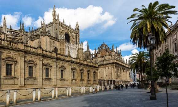 Seville, Spain - July 15, 2017: Seville is the capital of the autonomous community of Andalusia in southern Spain. Streets and sights of the city architecture.