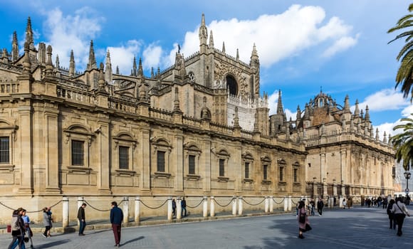 Seville, Spain - July 15, 2017: Seville is the capital of the autonomous community of Andalusia in southern Spain. Streets and sights of the city architecture.