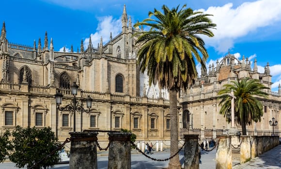 Seville, Spain - July 15, 2017: Seville is the capital of the autonomous community of Andalusia in southern Spain. Streets and sights of the city architecture.