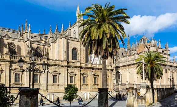 Seville, Spain - July 15, 2017: Seville is the capital of the autonomous community of Andalusia in southern Spain. Streets and sights of the city architecture.