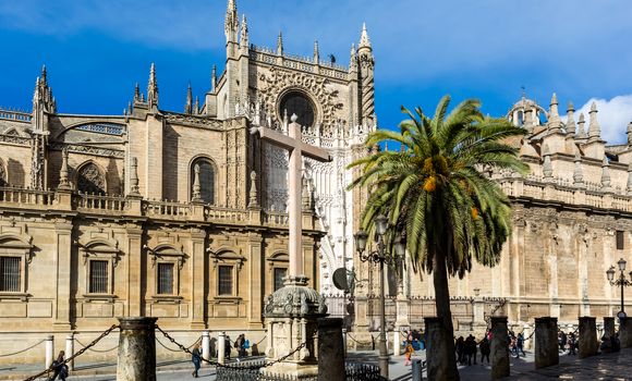 Seville, Spain - July 15, 2017: Seville is the capital of the autonomous community of Andalusia in southern Spain. Streets and sights of the city architecture.