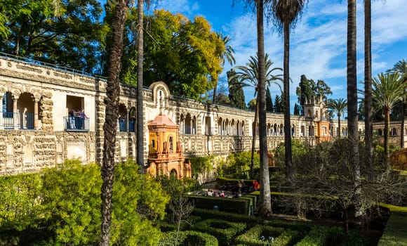 Seville, Spain - July 15, 2017: Seville is the capital of the autonomous community of Andalusia in southern Spain. Streets and sights of the city architecture.