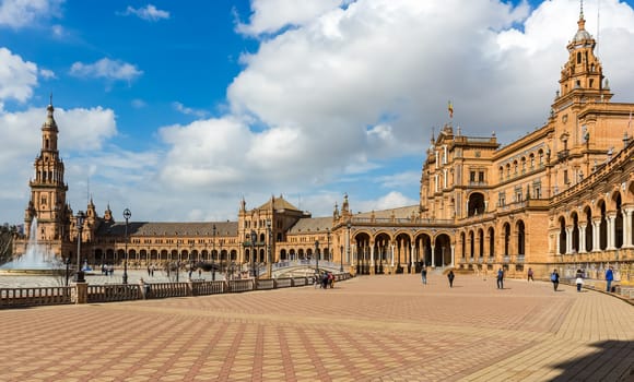 Seville, Spain - July 15, 2017: Seville is the capital of the autonomous community of Andalusia in southern Spain. Streets and sights of the city architecture.