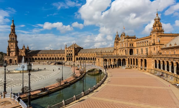 Seville, Spain - July 15, 2017: Seville is the capital of the autonomous community of Andalusia in southern Spain. Streets and sights of the city architecture.