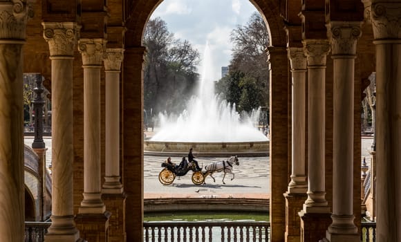 Seville, Spain - July 15, 2017: Seville is the capital of the autonomous community of Andalusia in southern Spain. Streets and sights of the city architecture.