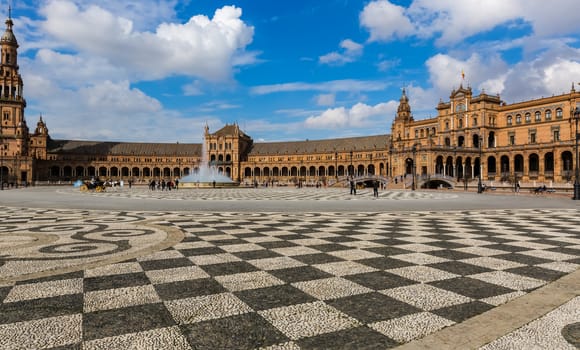 Seville, Spain - July 15, 2017: Seville is the capital of the autonomous community of Andalusia in southern Spain. Streets and sights of the city architecture.