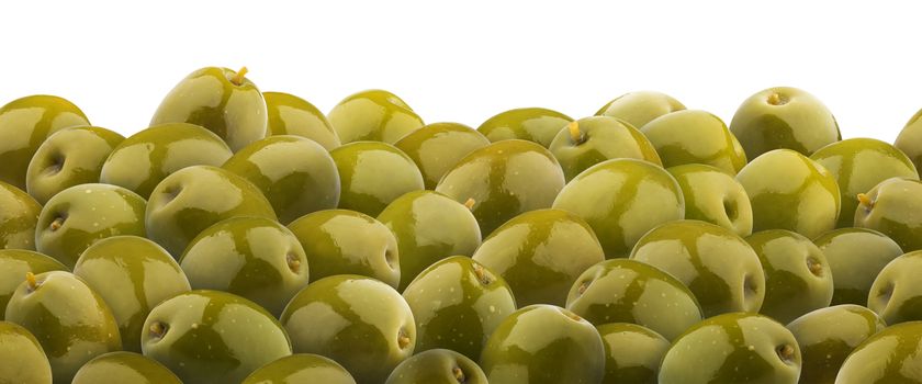Green olives seamless pattern isolated on white background. Heap of green olives