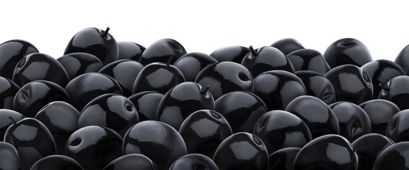 Black olives seamless pattern isolated on white background. Heap of black olives