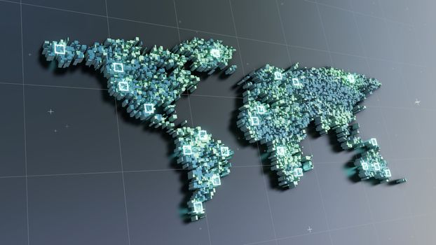 World map of cubes. 3D illustration. Cubes and glow elements on dark background