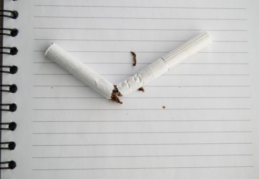 World no tobacco day, no Smoking day. Broken cigarette on business notebook, place for your text.