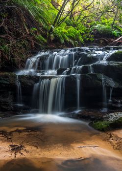 Waterfall cascading down over rocks in a fern filled gully in Leura