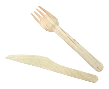 Isolated Wooden Knife And Fork For Take-out Food On A White Background