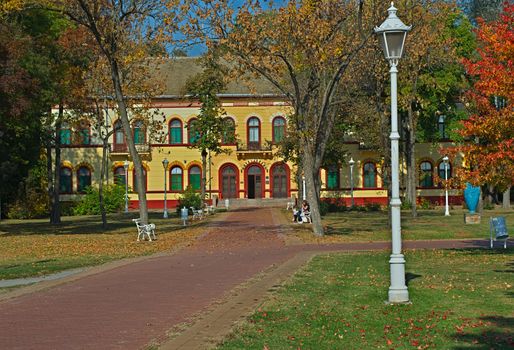 PALIC, SERBIA - October 13th 2018 - Red bricks pathway leading to hotel