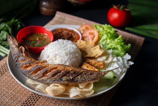 Fried catfish rice with sambal, popular traditional Malay or Indonesian local food.