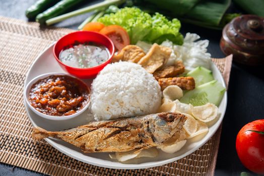 Fried mackerel fish rice with sambal, popular traditional Malay or Indonesian local food.