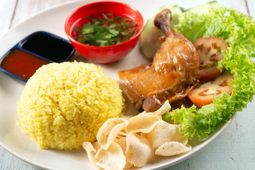 Chicken rice with drumstick, popular traditional Malaysian local food.