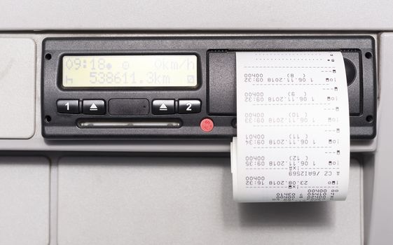 Digital tachograph and print of the driving time of the day. No personal data.