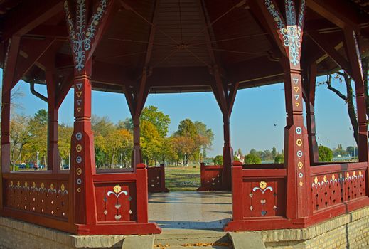 Close up view on open wooden bungalow in park