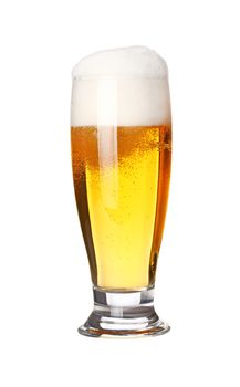 Close up one full high glass of lager beer with froth and bubbles isolated on white background, low angle side view
