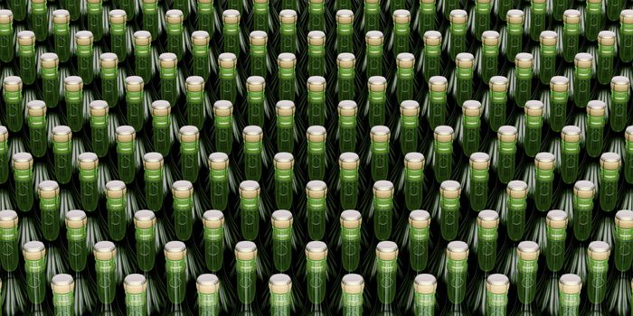Multiple rows with champagne bottles, close up 