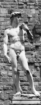 Marble statue of David created by the Italian artist Michelangelo. Copy of original renaissance scuplture in Florence, Italy. Black and white image.