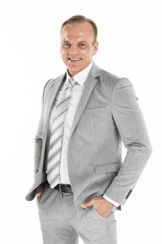 Happy satisfied mature businessman looking at camera isolated on white background