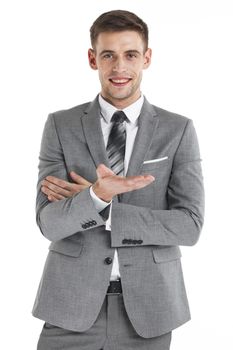 Young business man use hand to hold something isolated on white background