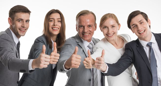 Happy business people cheering and showing thumbs up sign isolated on white background