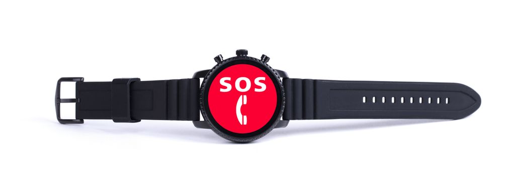 Black smartwatch isolated on a white background, SOS