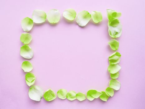 Flower frame with rose petals on pastel pink background. Flat lAY, ROMANTIC background.