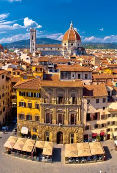 Florence square and cathedral di Santa Maria del Fiore or Duomo view, Tuscany region of Italy