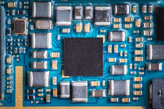 Closeup of smartphone circuit board.