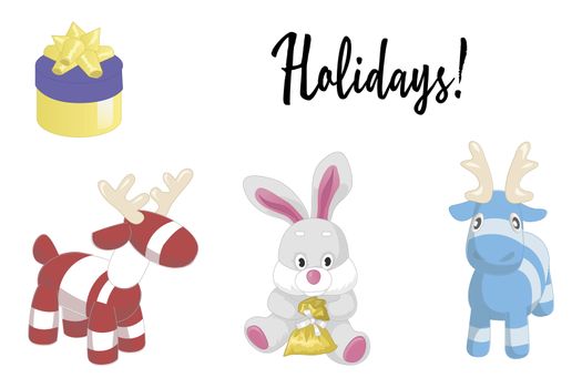 Cute cartoon animals isolated on white background. Illustration of adorable plush holiday animals