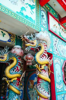 Min Buri District, Thailand-March 06, 2019: detail of decoration art at Jiao Tong Chao Ai Shrine, Bangkok, Thailand.