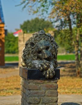 Bronze statue of a lion on bricks pedestal