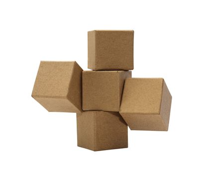 Set of brown cardboard cubes isolated on white background with clipping path