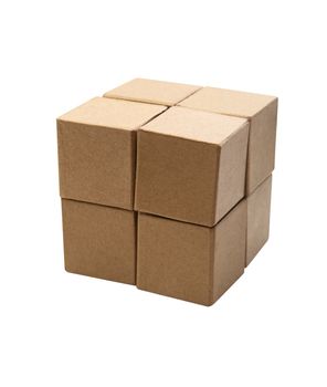 Set of brown cardboard cubes isolated on white background with clipping path