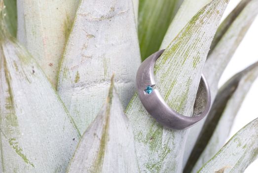 Wedding ring on a pineapple, isolated on a white background