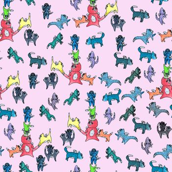 Watercolor Pattern of Flying Cats on Pink Background