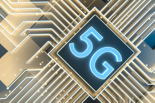 3d rendering, 5g font and circuit background, computer digital image