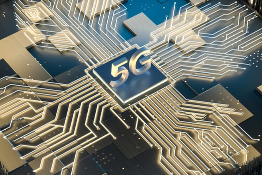 3d rendering, 5g font and circuit background, computer digital image