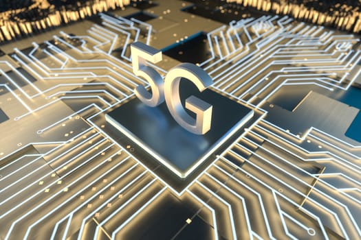 3d rendering, 5g font and circuit background, computer digital image