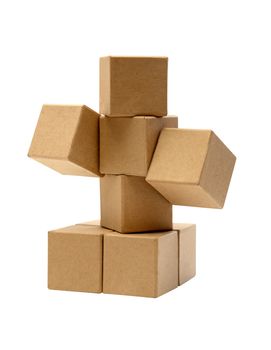 Set of brown cardboard cubes isolated on white background with clipping path