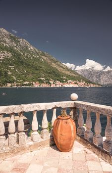 Perast, Montenegro - 07.11.2018.  View of the Bay of Kotor from the island in Montenegro