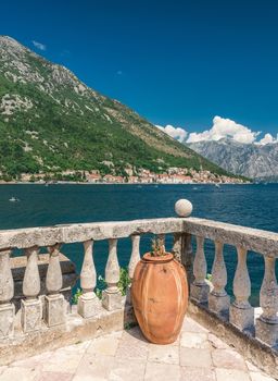 Perast, Montenegro - 07.11.2018.  View of the Bay of Kotor from the island in Montenegro