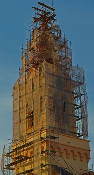 Church tower in process of reconstruction
