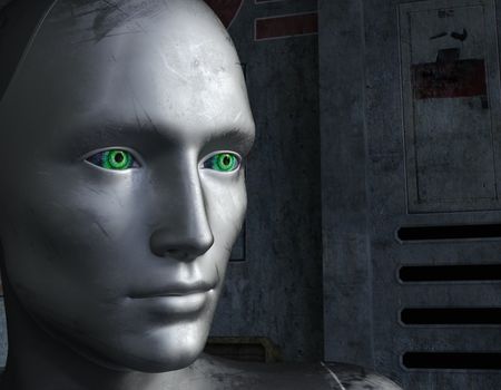 Robot face with green eyes at a futuristic background - 3d rendering