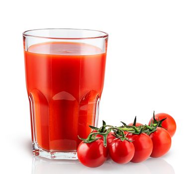 Tomato juice and cherry tomatoes. Glass tumbler Reflection. Isolated on white background.