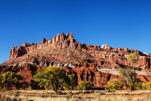 A roadside view of sandstone formations in the Capitol Reef National Park